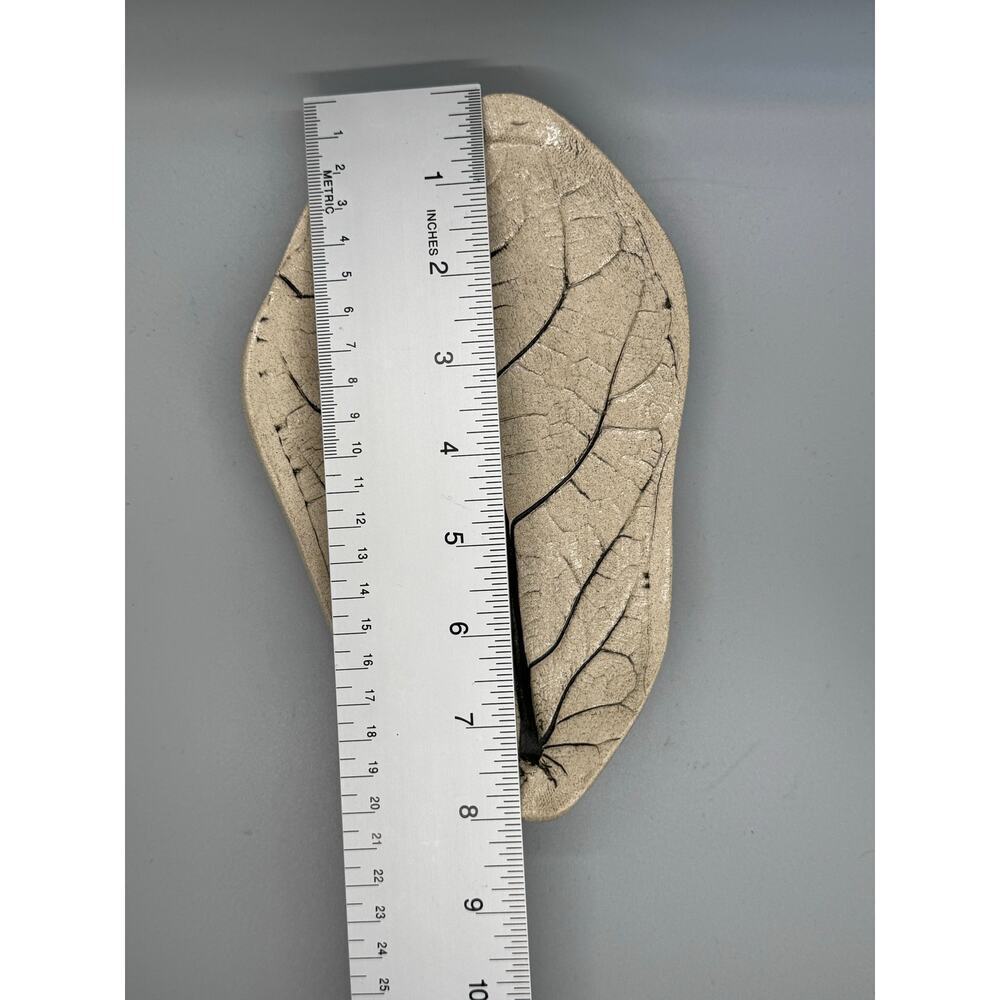 Signed Leaf Pottery Tray Trinket Dish Handmade Pressed White Black Vein Footed - Picture 7 of 7